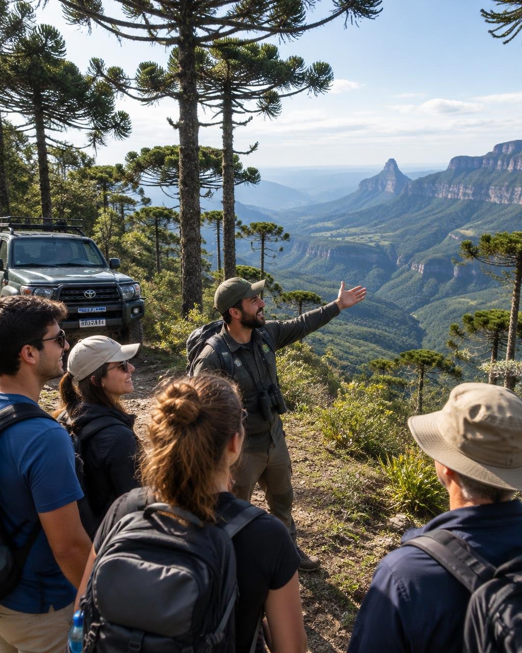 Guia mostrando a paisagem a um grupo de visitantes